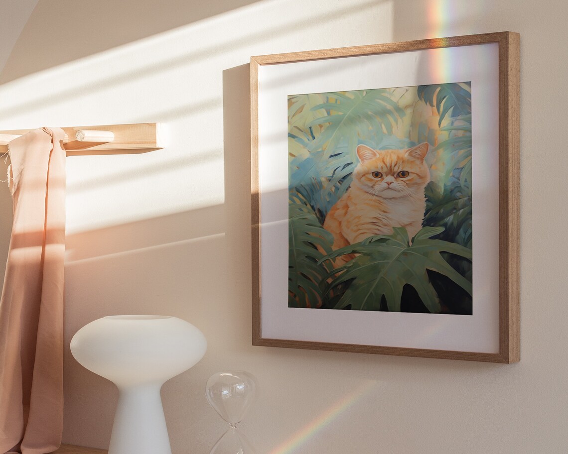Ginger Cat Peeking Through Tropical Leaves Vintage Jungle Feline Painting Poster - Image 3