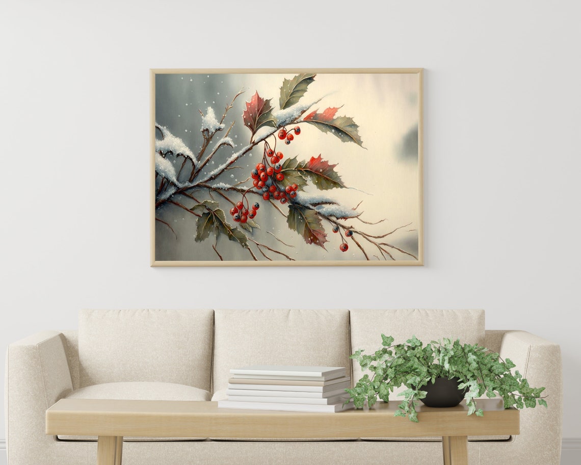Snow Covered Winter Berry Branch Watercolor Botanical Poster - Image 3