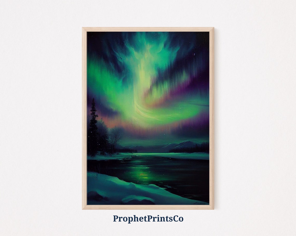 Purple and Green Aurora Borealis Over a Frozen Night Lake Poster