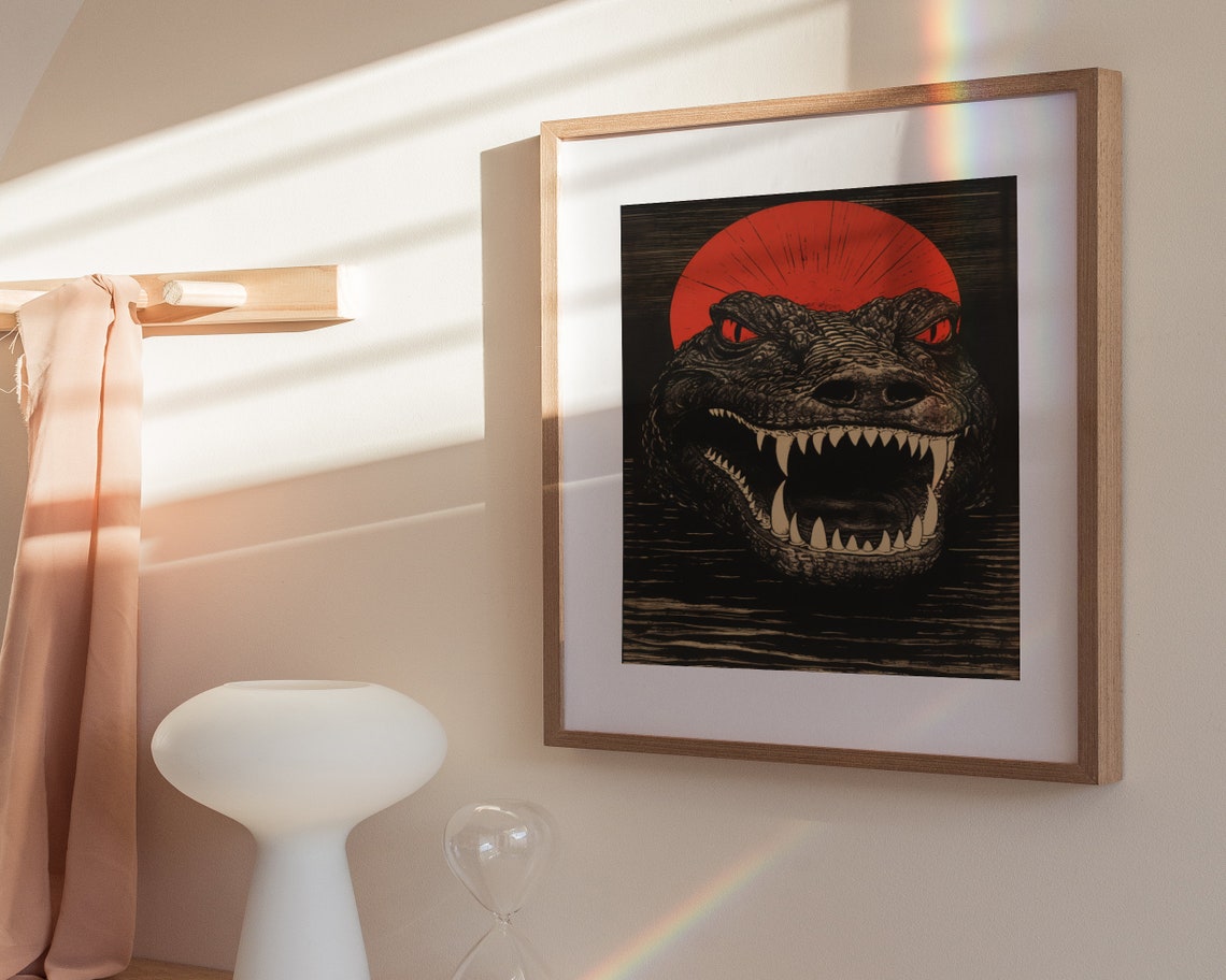 Menacing Crocodile Red Sun Japanese Woodblock Style Art Poster - Image 3