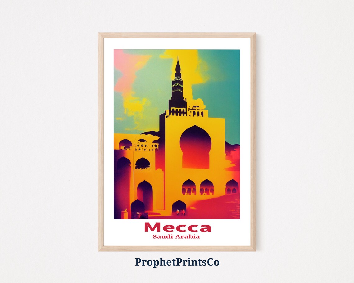 Mecca Saudi Arabia Grand Mosque Minaret Colorful Pop Travel Poster