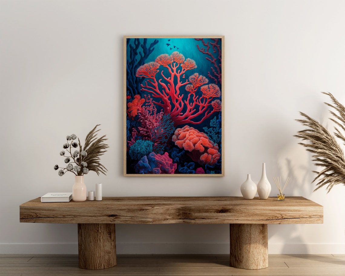 Red Branching Coral Tree Deep Blue Ocean Nautical Art Poster - Image 3