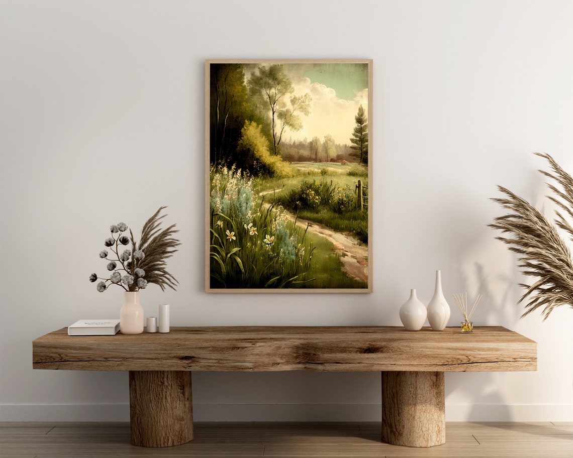 Muted Vintage Meadow Path Wildflowers Trees Soft Sky Art Poster - Image 3