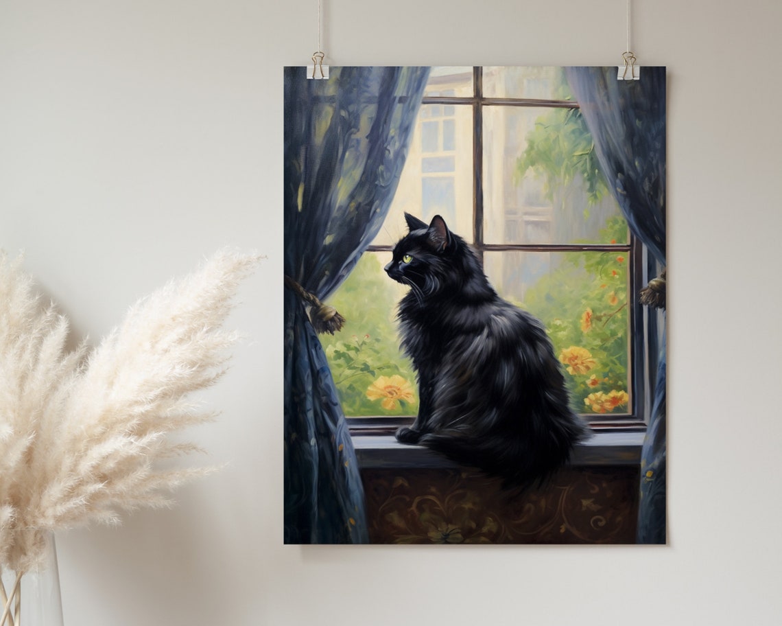 Black Cat By Window Blue Curtains Vintage Cat Painting Poster - Image 2