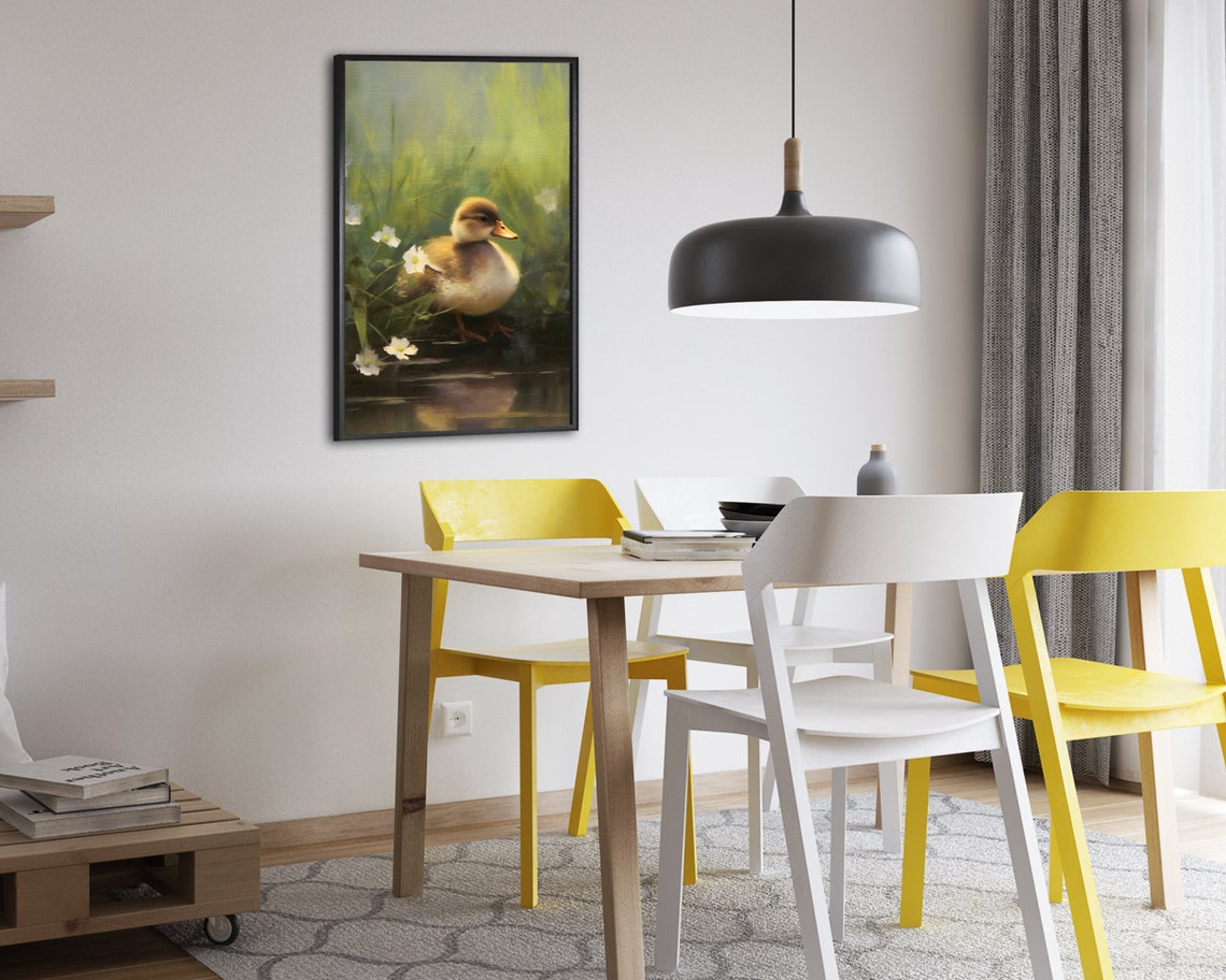 Cute Duckling Standing Among White Flowers Oil Painting Poster - Image 2