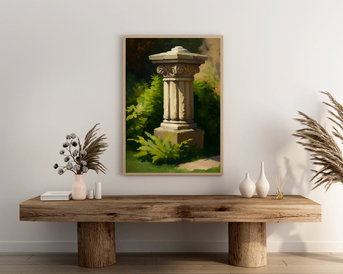 Stone Garden Pedestal Oil Painting Classical Ferns Sunlit Ruin Poster - Image 3