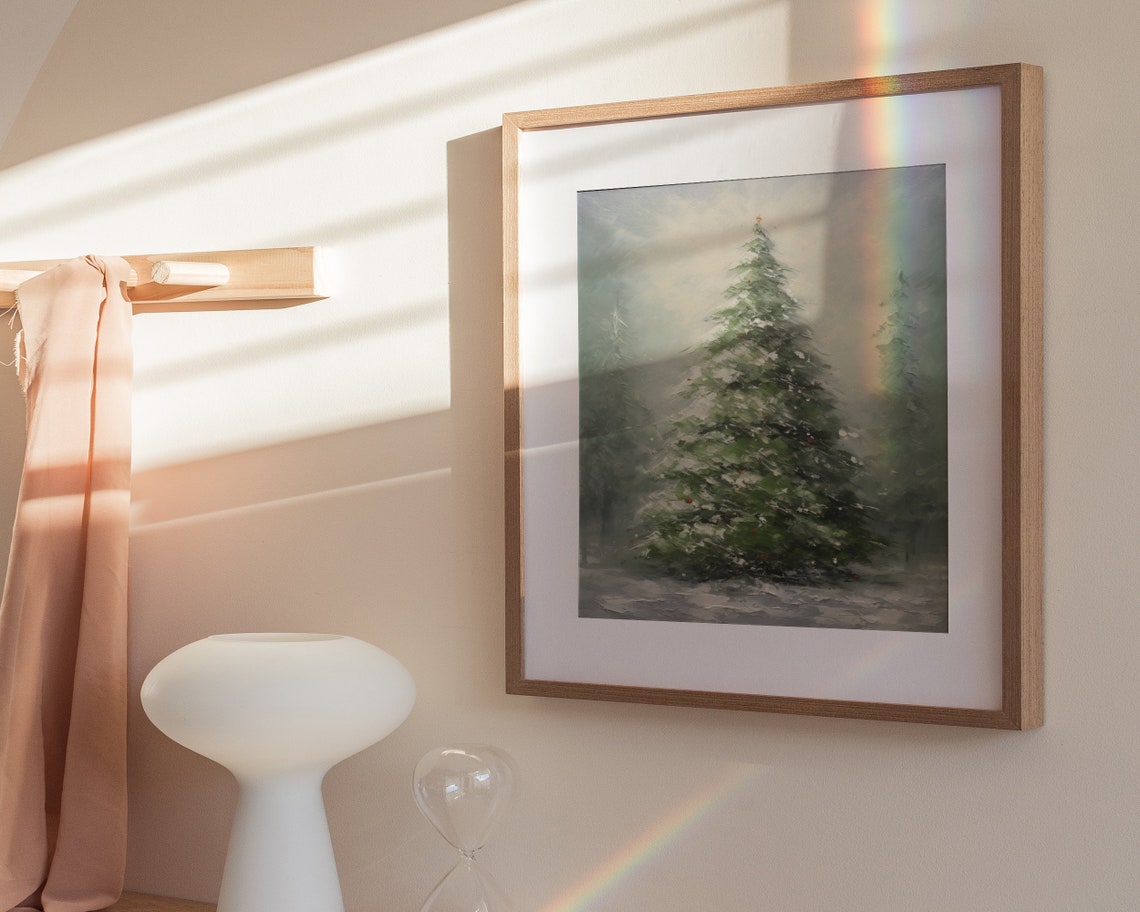 Snowy Christmas Tree Red Berries Misty Winter Oil Painting Poster - Image 3