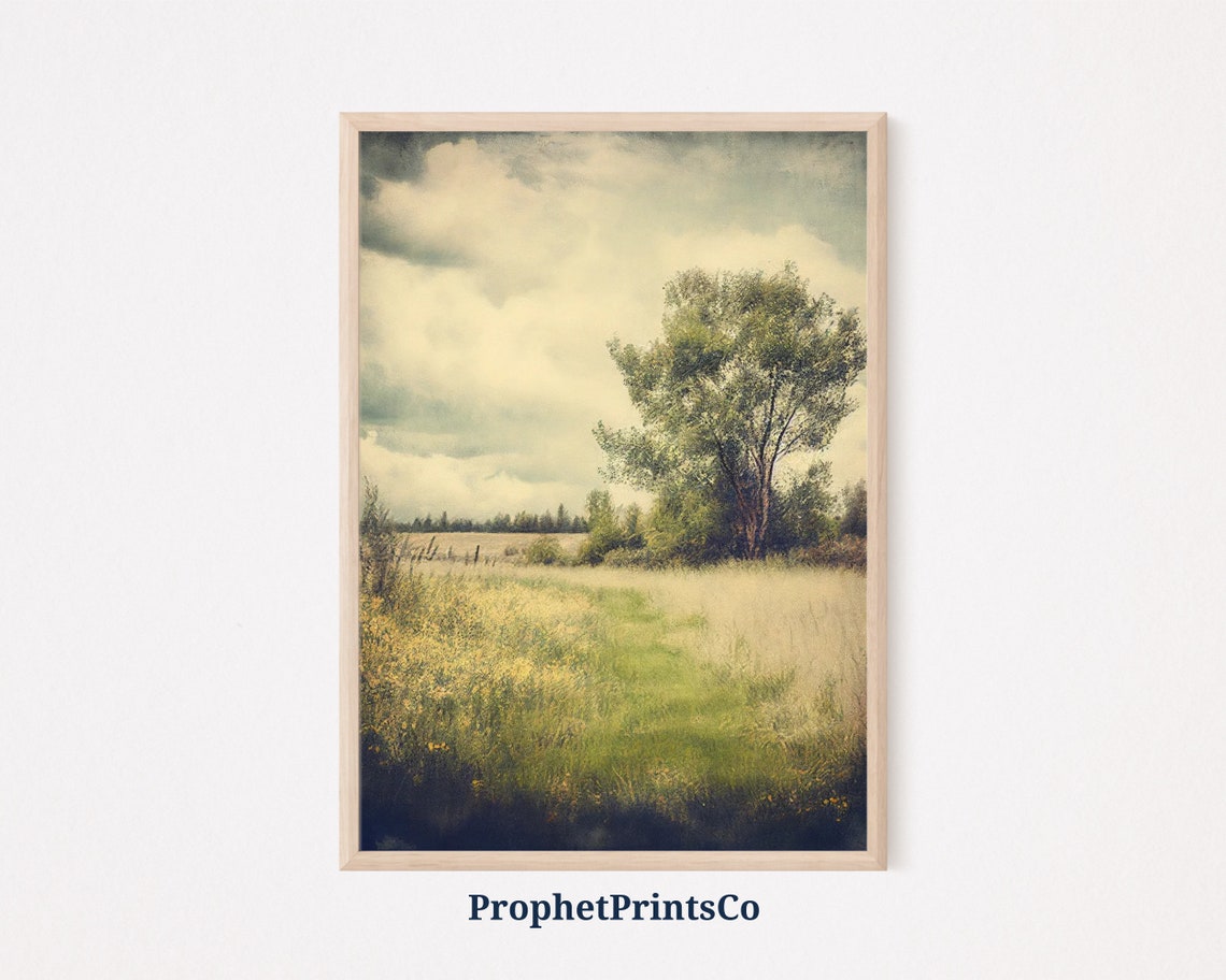 Golden Wheat Field Meadow Lone Tree Cloudy Sky Vintage Poster