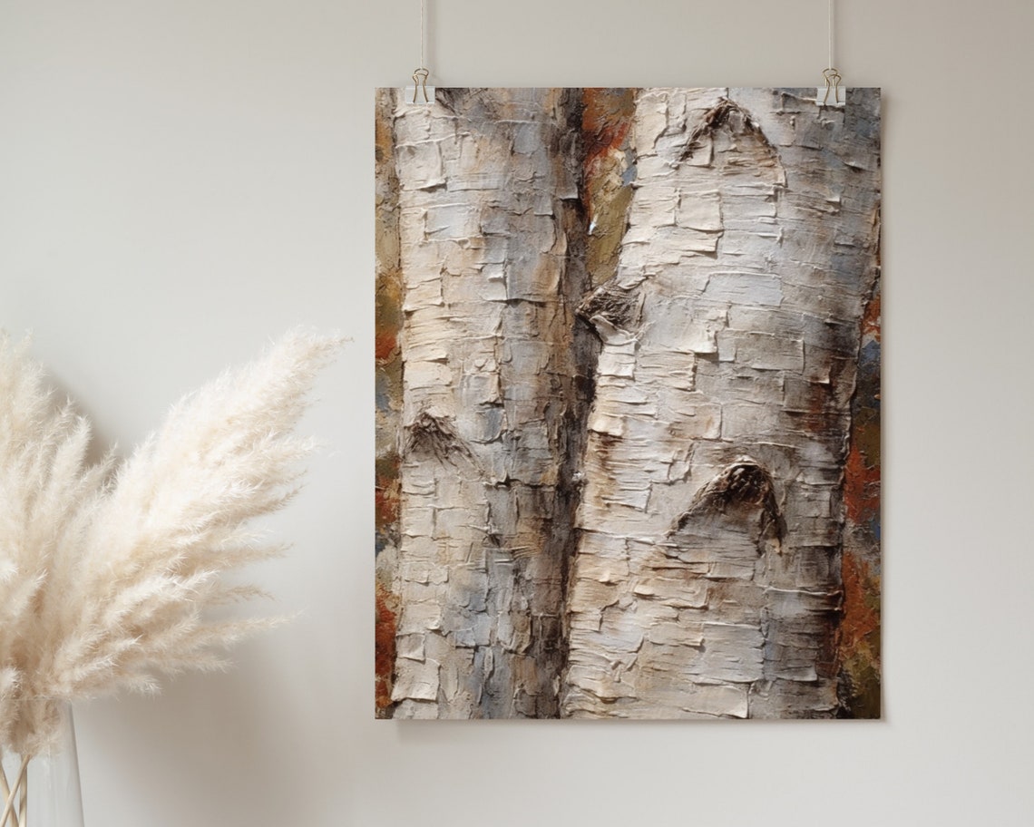 Birch Bark Texture Close Up Rustic Nature Impasto Oil Painting Poster - Image 2