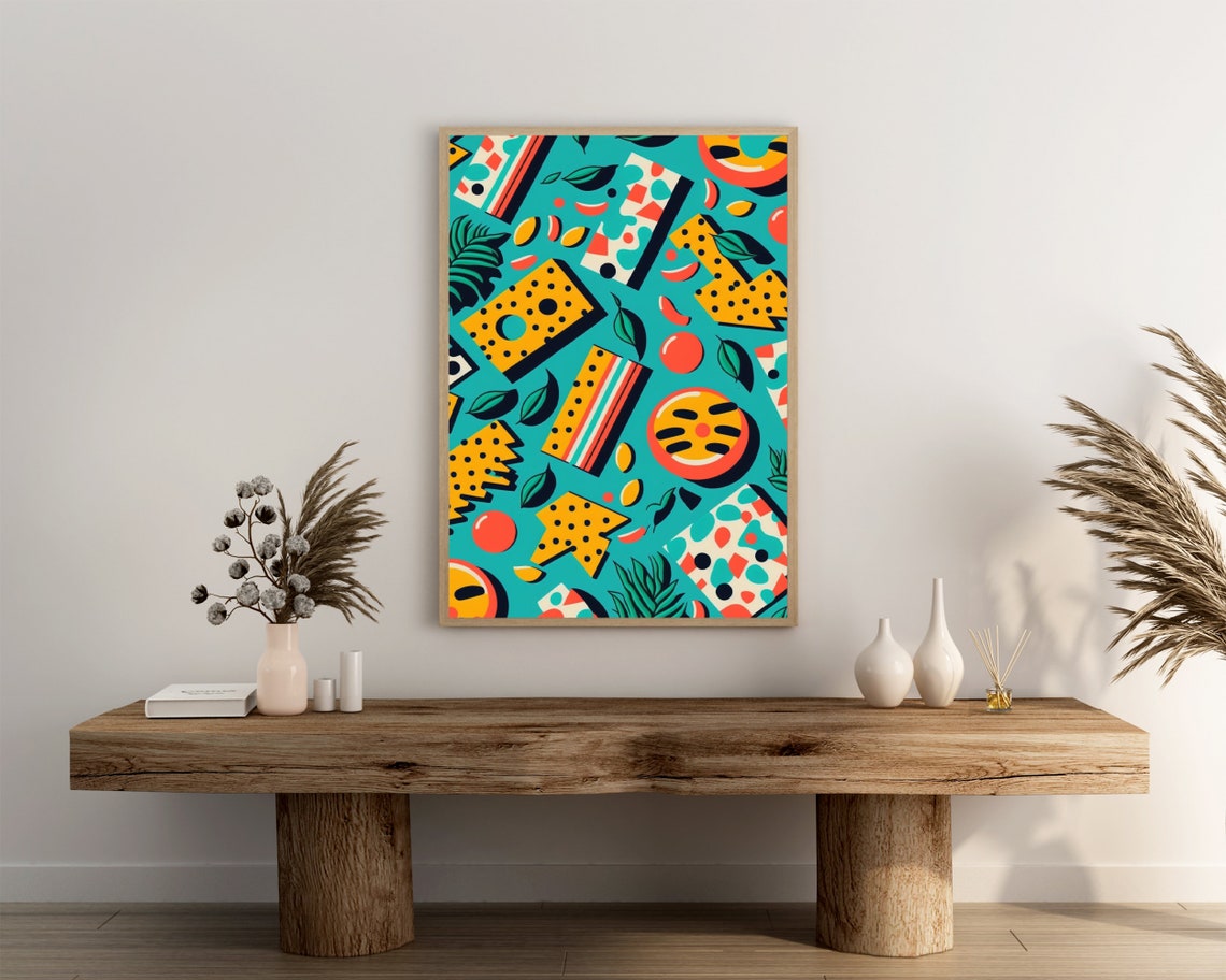 2000s Memphis Geometric Poster Yellow Shapes on Teal Retro Design - Image 3