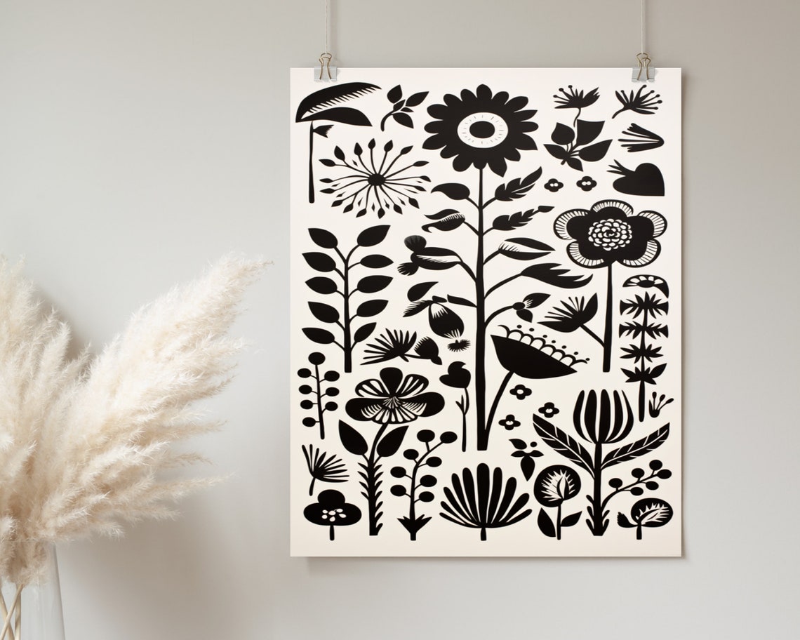 Black And White Floral Pattern Print Boho Wall Art Mid Century Print Cute Eclectic Home Dcor Wall Art - Image 2
