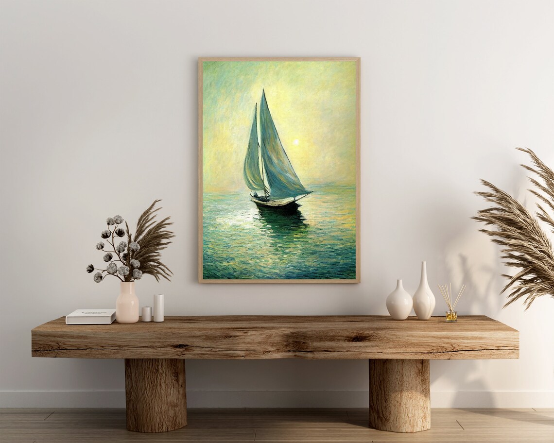 Sunrise Sailboat on Calm Sea in Soft Mint Green Golden Light Poster - Image 3