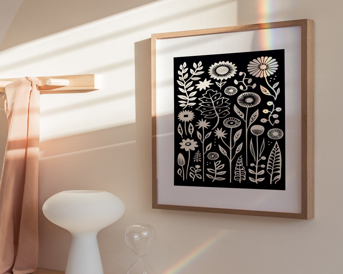 Bold Black And White Folk Floral Pattern Scandinavian Art Poster - Image 3