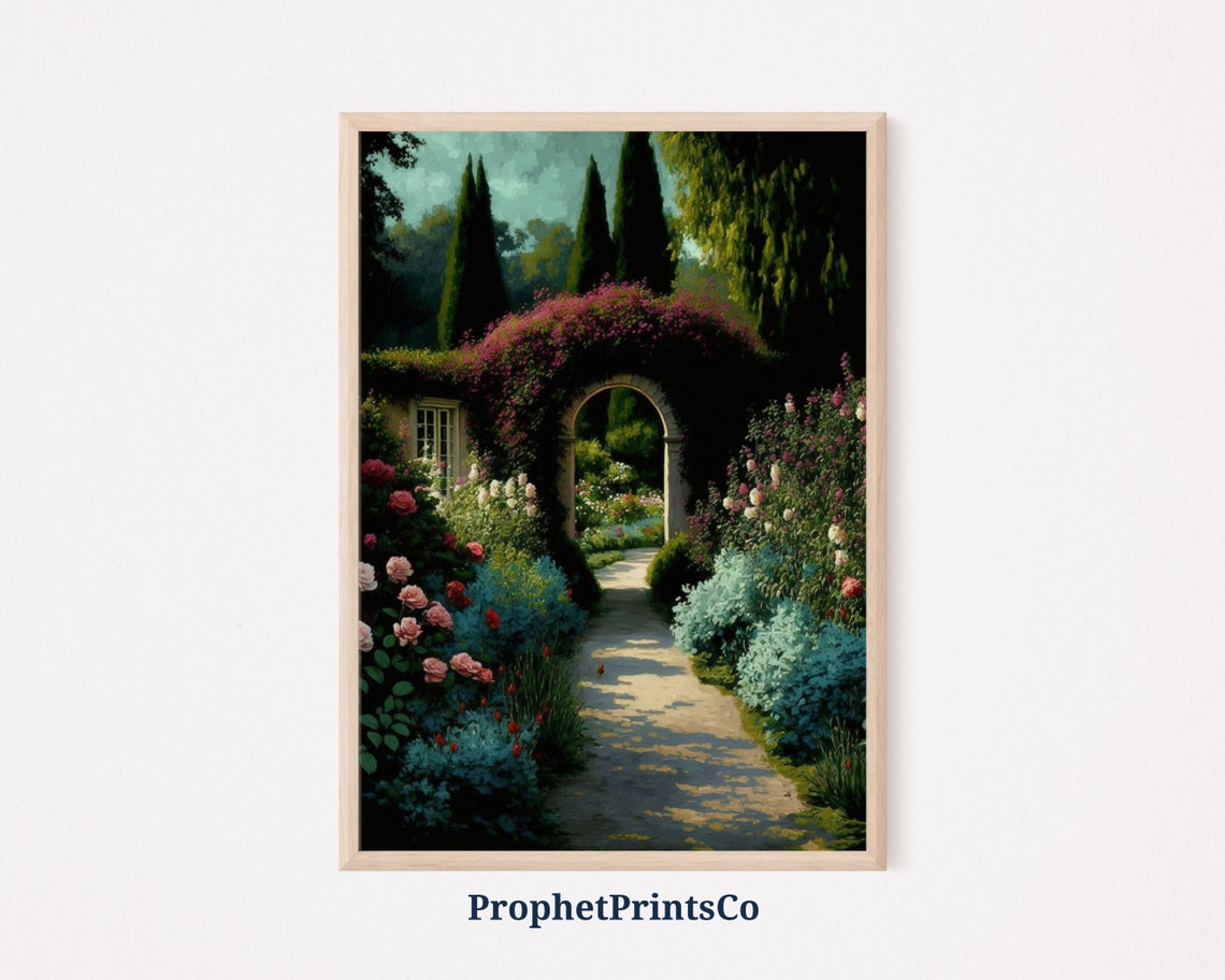 Rose Arch Garden Poster Cypress Lined Path with Blooming Flower Design