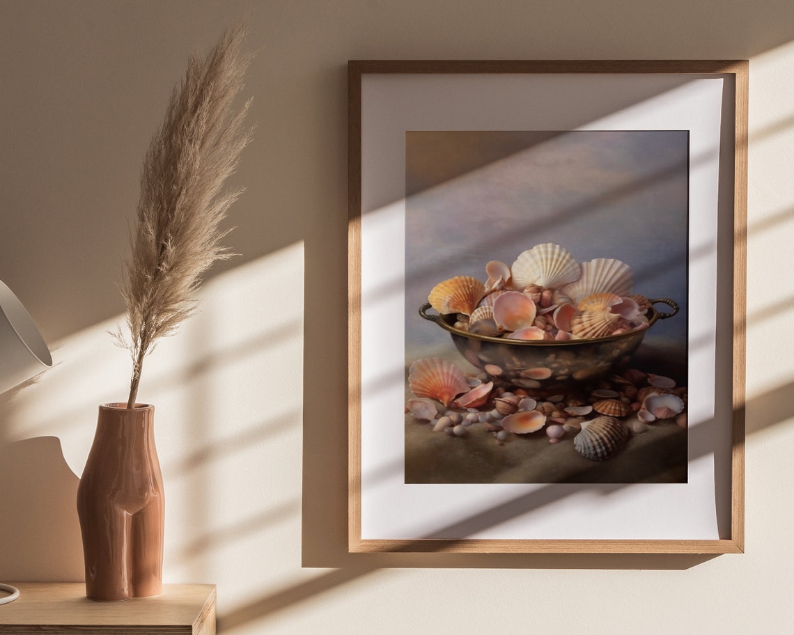 Overflowing Shell Bowl Pink Scallops Beach Sand Still Life Poster - Image 4