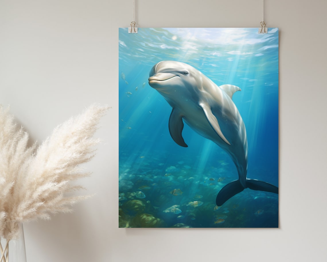Dolphin Gliding Under Sunbeams with Fish Dreamy Underwater Ocean Painting Poster - Image 2