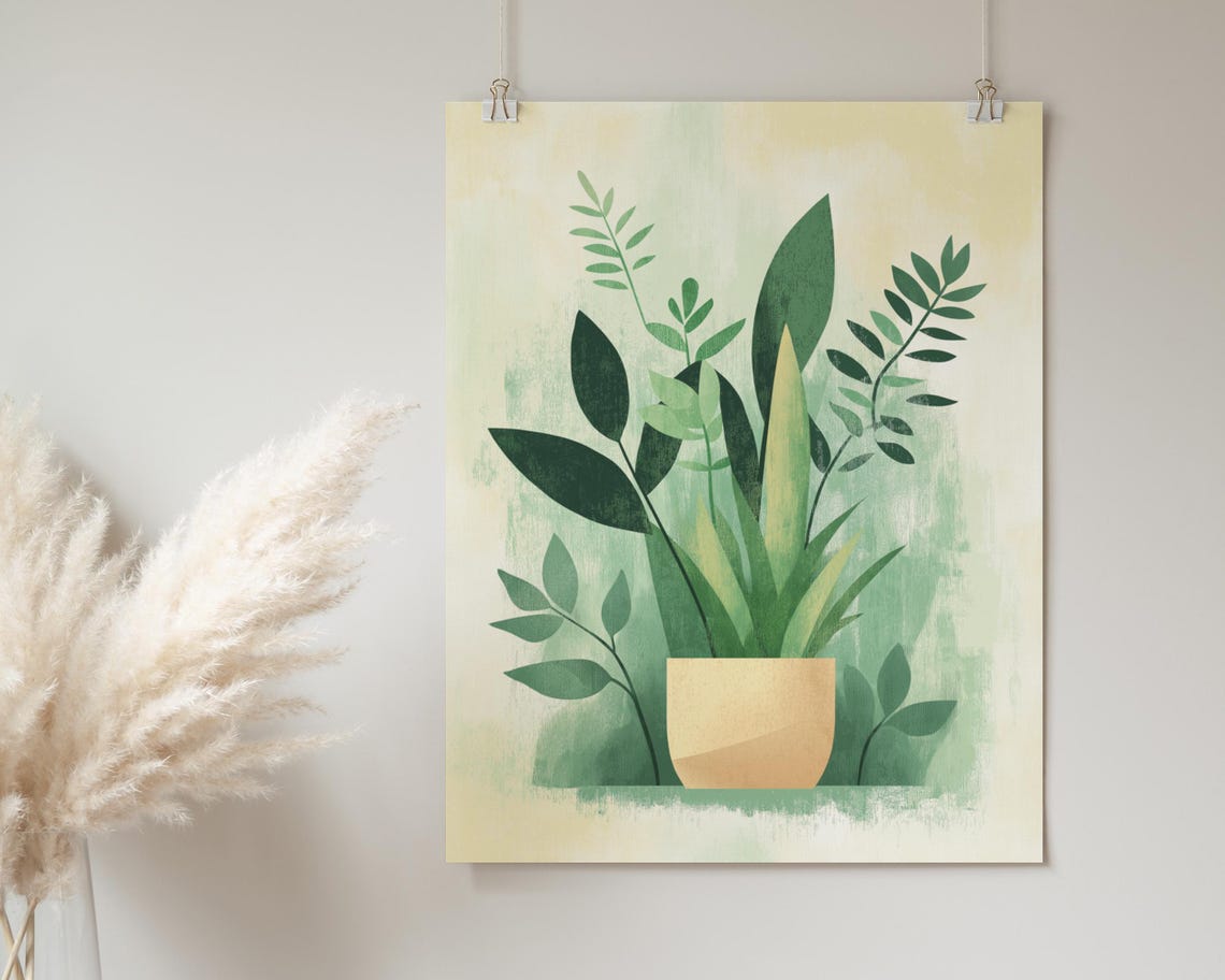 Potted Plants Illustration Beige Pot Fresh Greens Decor Poster - Image 2