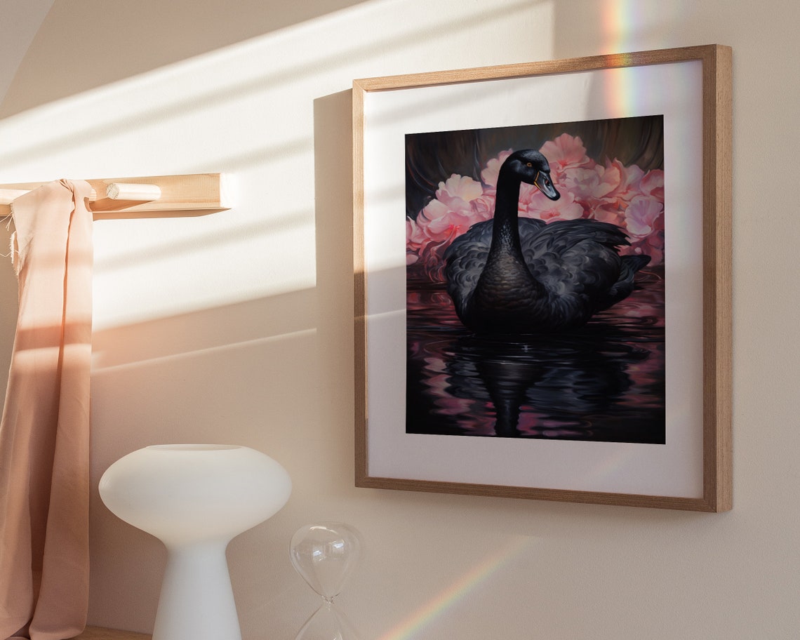 Majestic Black Swan with Pink Flowers Dark Water Oil Painting Poster - Image 3