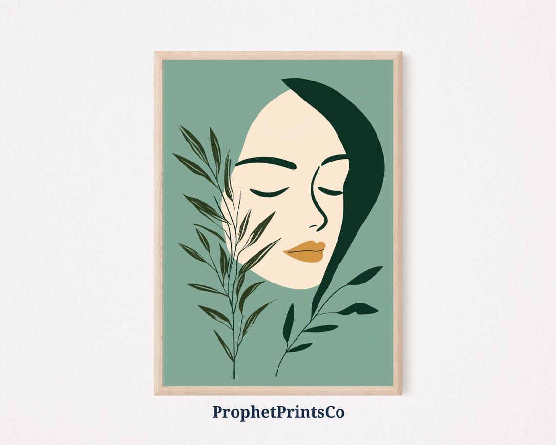 Minimalist Botanical Woman Face Sage Green Leaf Line Art Poster