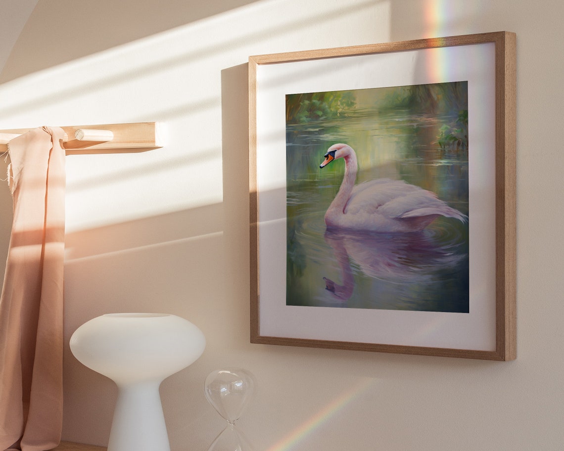 White Swan Green Pond Soft Pastel Classical Oil Painting Poster - Image 3