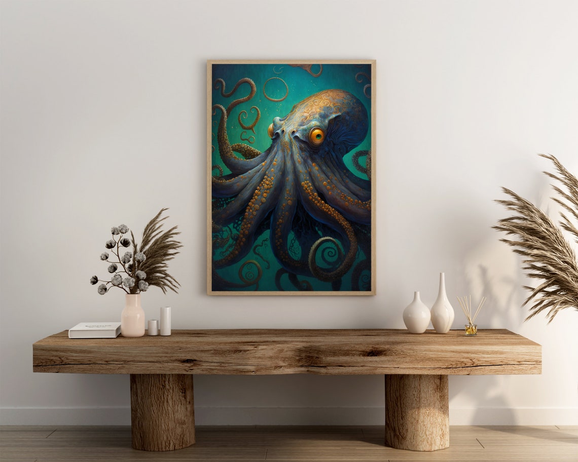 Blue Octopus with Golden Markings Poster Art Nouveau Ocean Design - Image 3