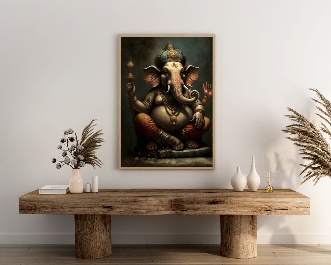 Lord Ganesh Oil Painting Dark Seated Elephant God Hindu Art Poster - Image 3