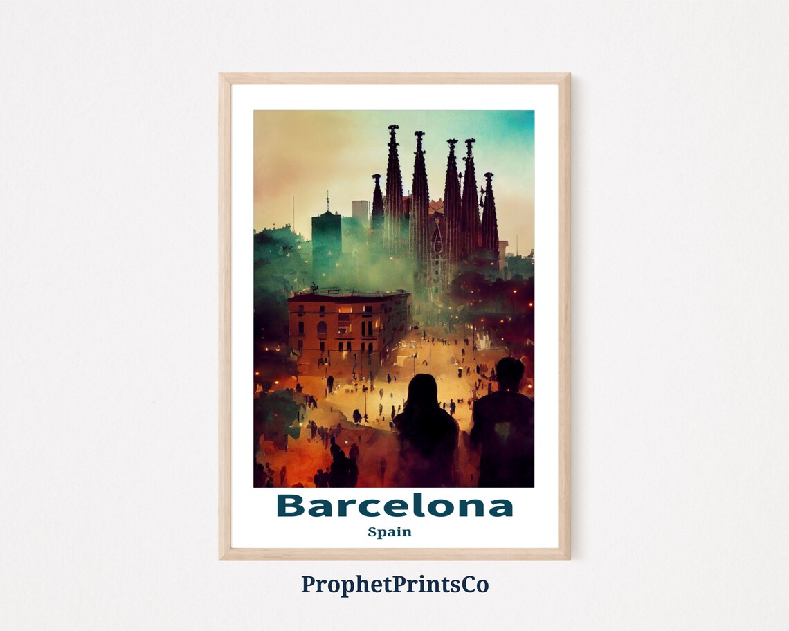 Barcelona Spain Sagrada Familia Spires at Dusk Evening Travel Poster
