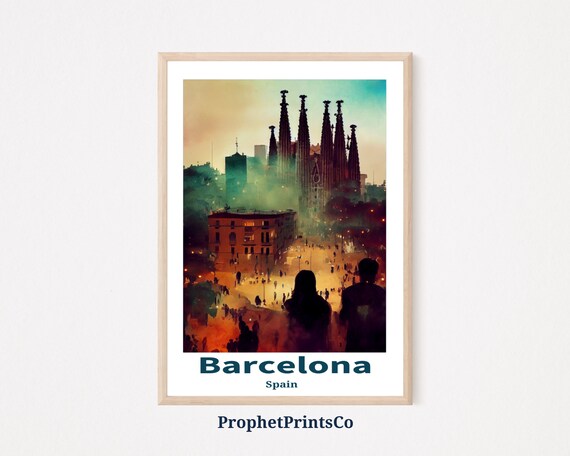 Barcelona Spain Sagrada Familia Spires at Dusk Evening Travel Poster