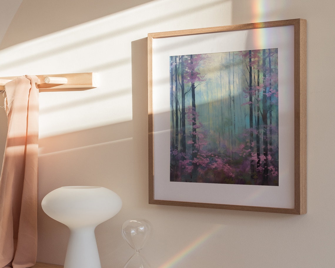 Lavender Misty Forest Pink Blossom Trees Dreamy Landscape Poster - Image 3