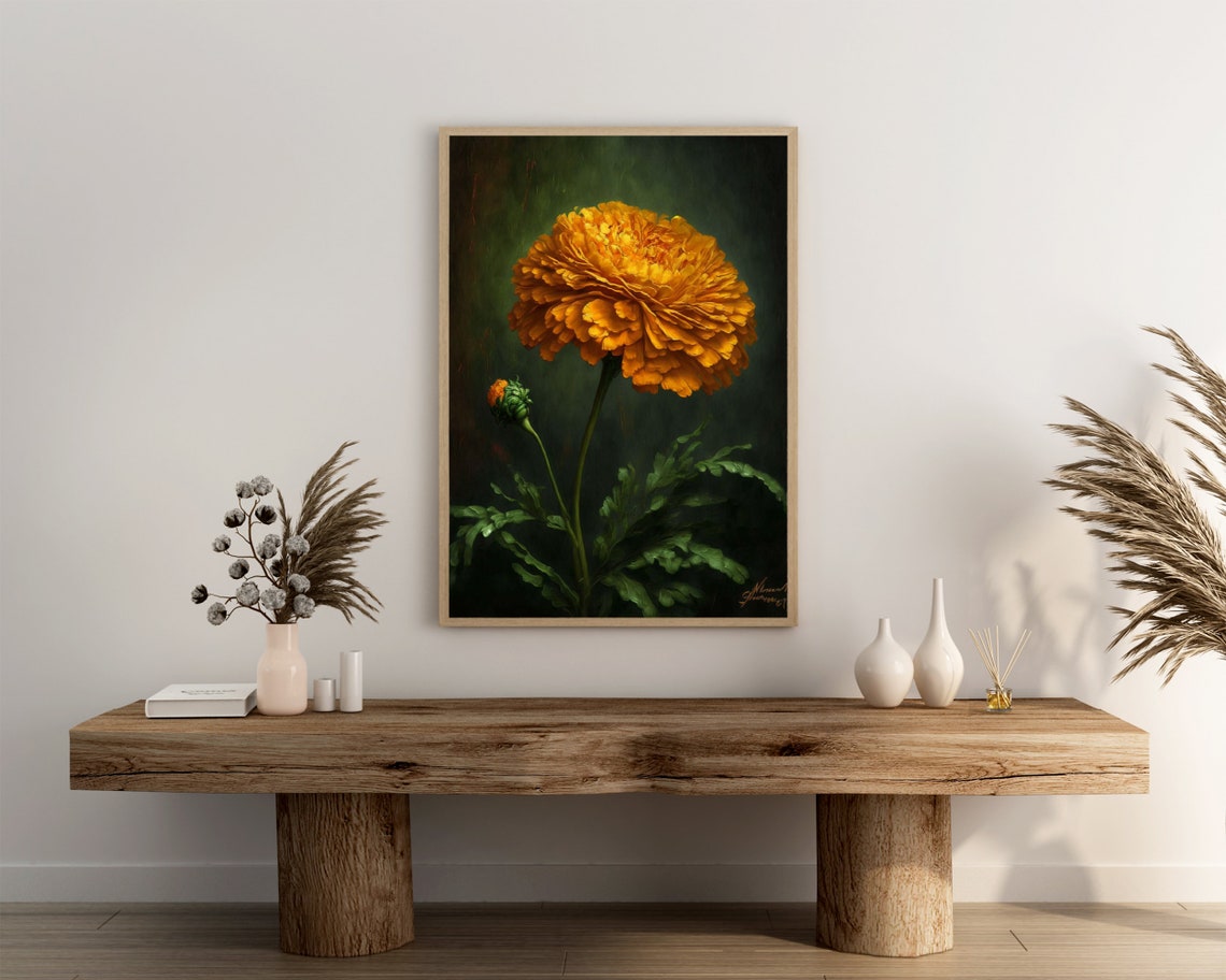 Single Golden Marigold Bloom on Tall Stem Dark Botanical Poster - Image 3