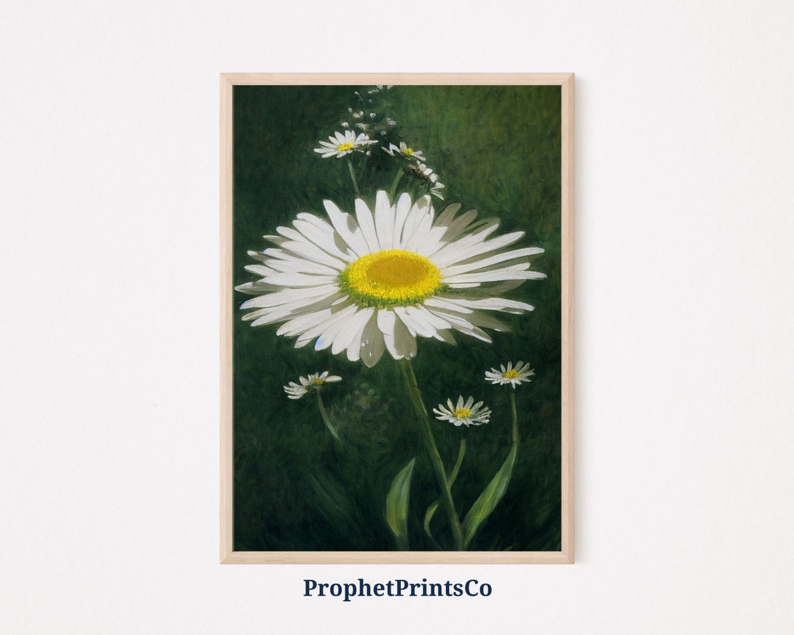 Giant White Daisy Bloom With Buds on Dark Green Background Art Poster