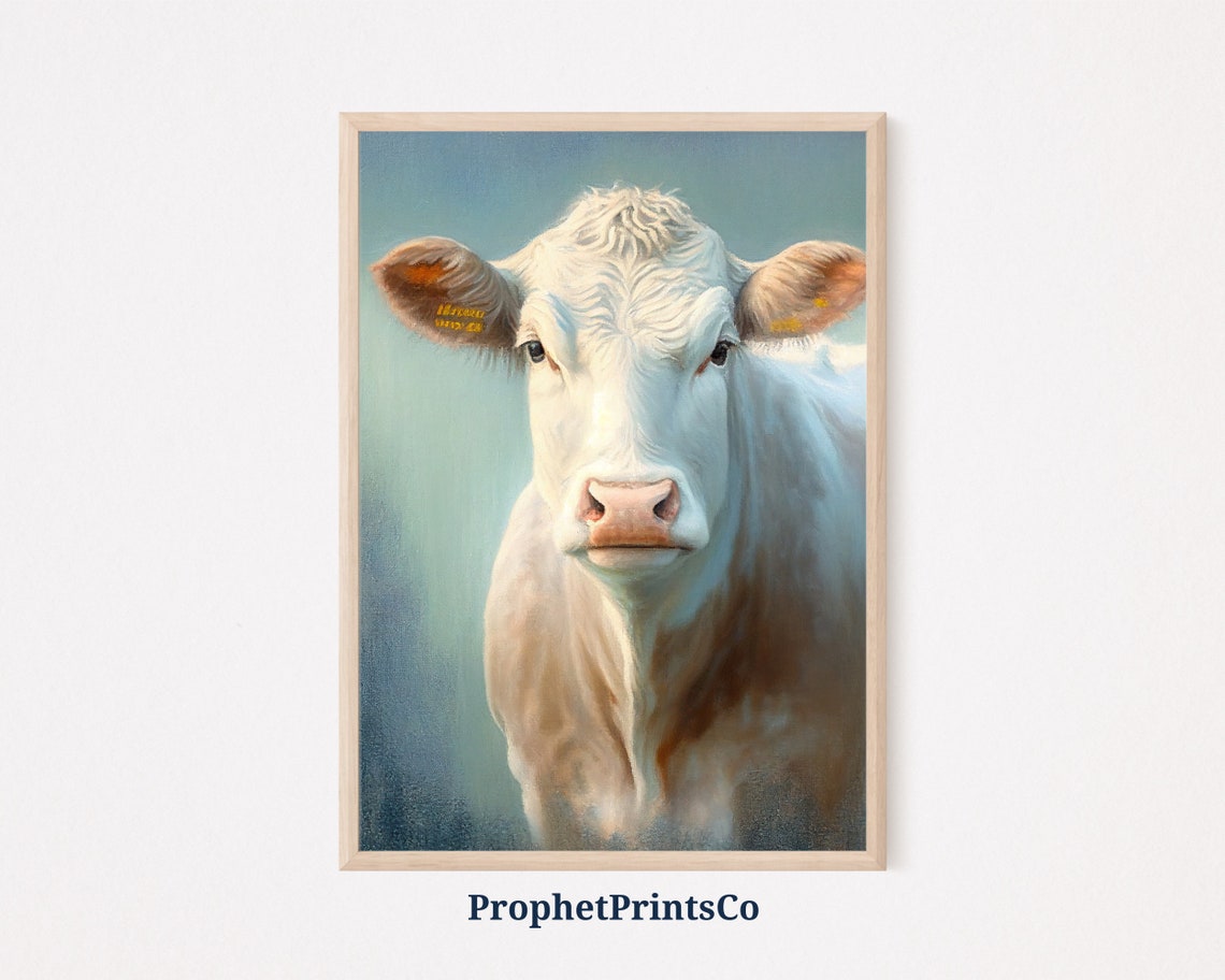 White Cow Close Up Portrait Gentle Farm Animal Face Soft Light Poster