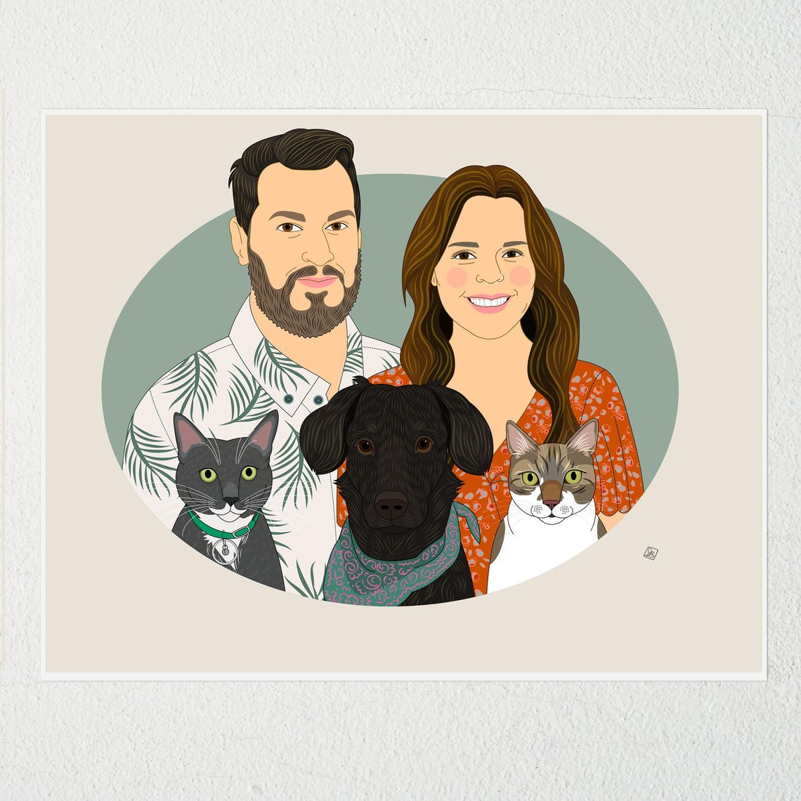 Couple With Four Dogs in Oval Frame Custom Family Portrait Poster - Image 6
