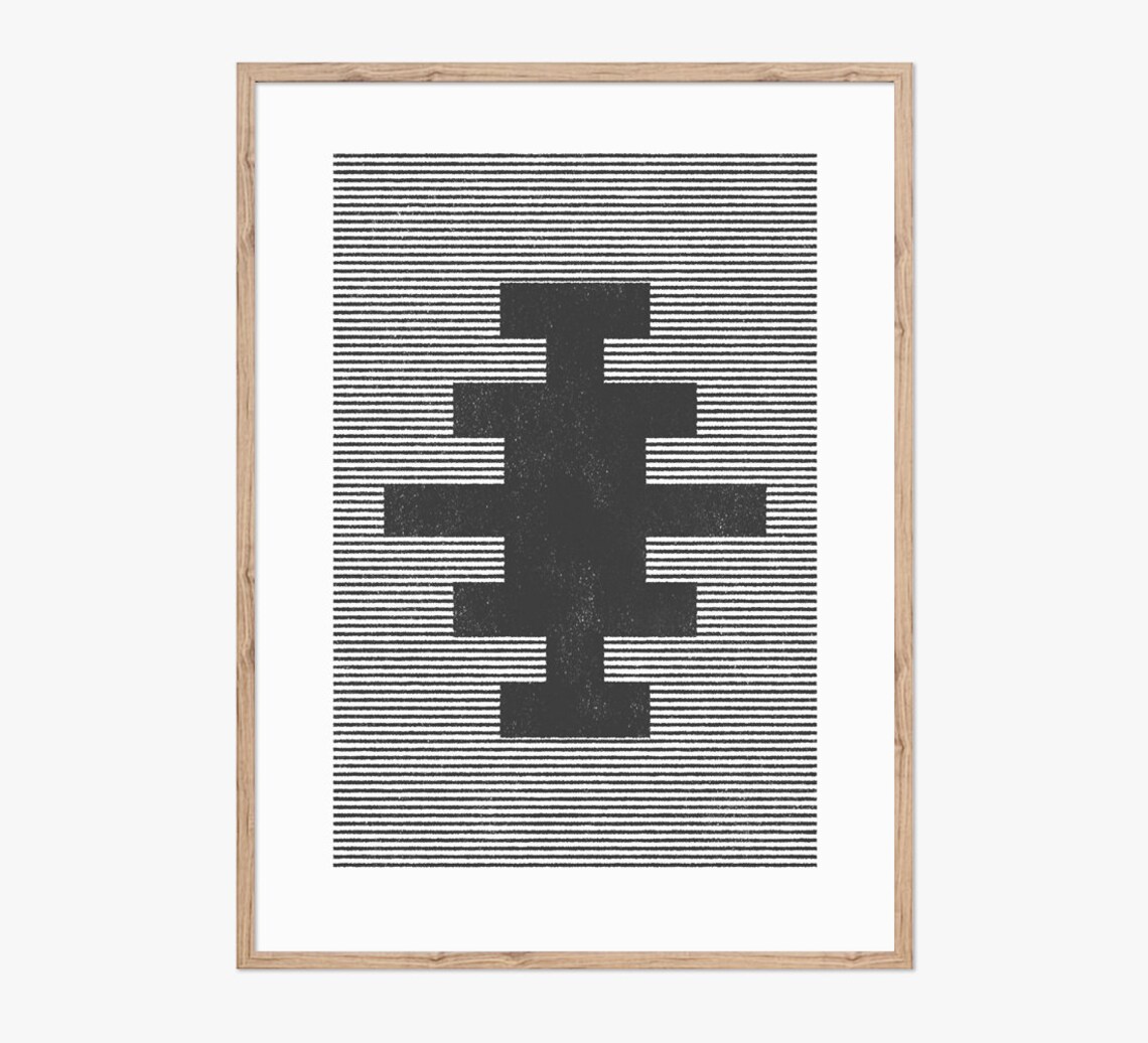 Aztec Woodblock Art Print, Black and White Decor