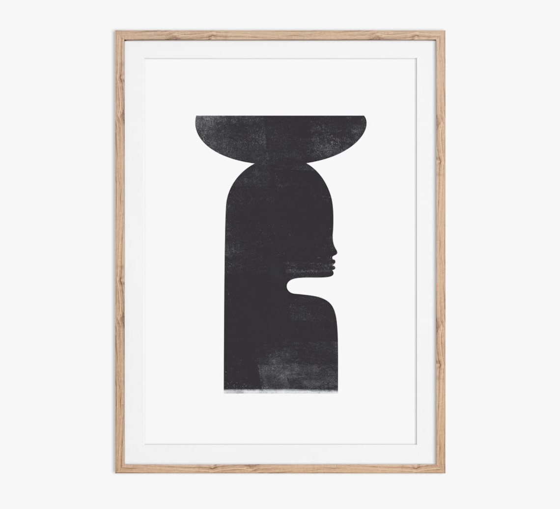 Woman with Vessel on Head Black Woodblock Silhouette Art Poster