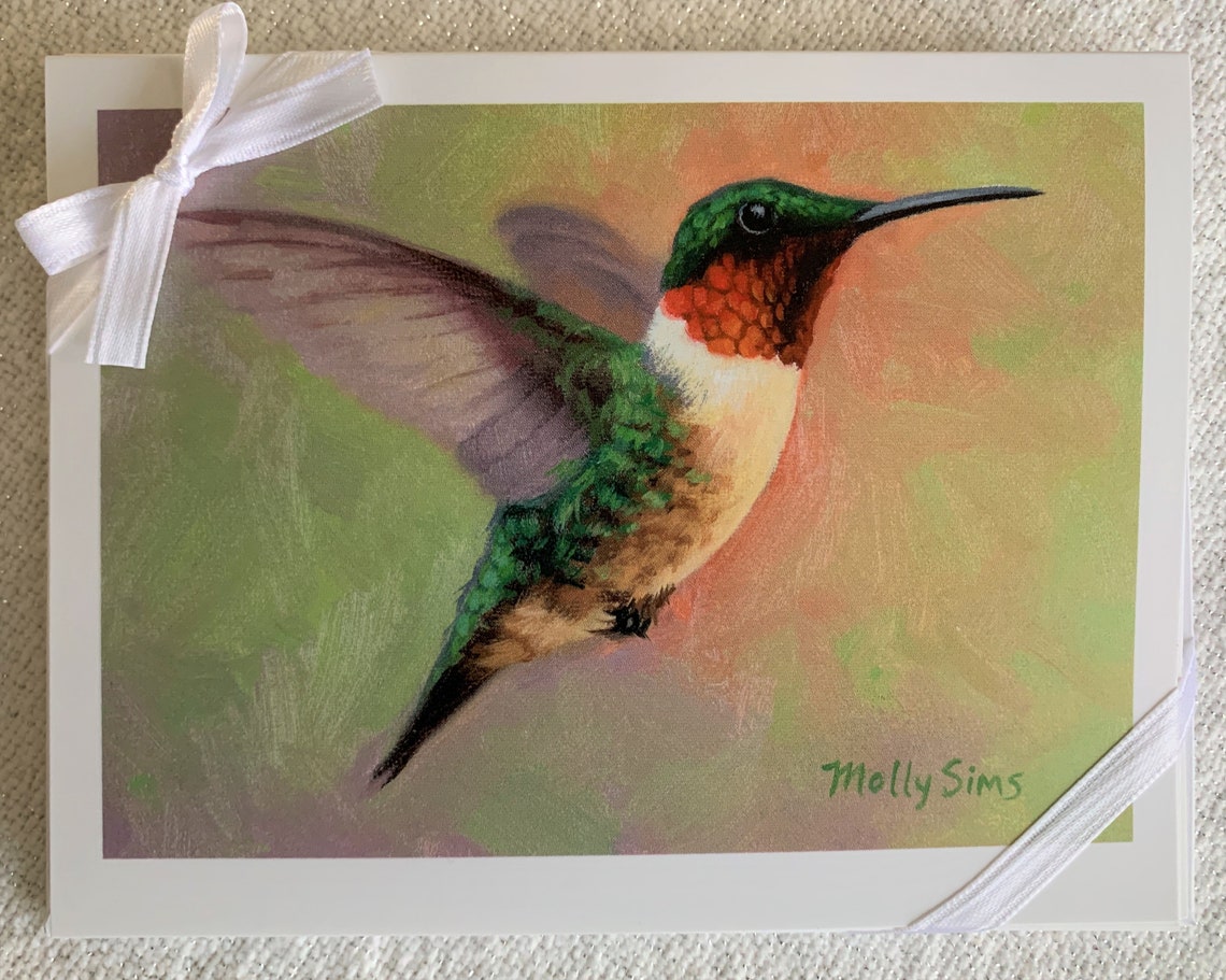 Hummingbird Oil Painting Printed Blank Notecard Gift Set with Ribbon