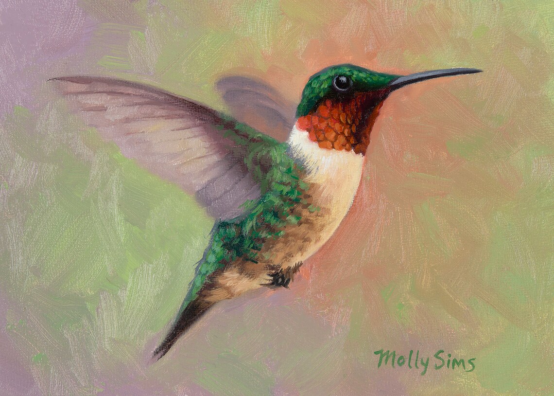 Ruby-Throated Hummingbird Flying Oil Painting Wildlife Poster