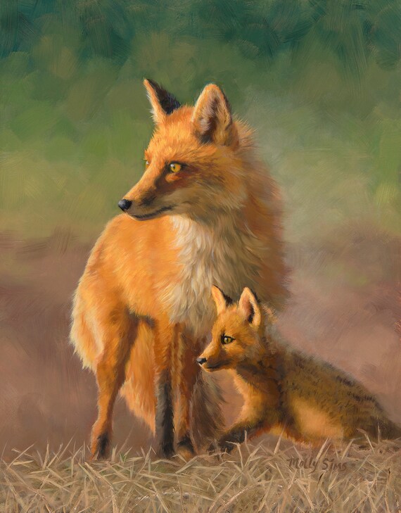 Red Fox Mother Standing with Her Kit Oil Painting Wildlife Poster