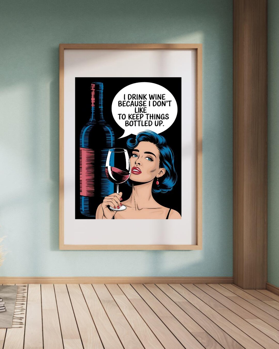 Pop Art Blue Haired Woman Keep Things Bottled Up Wine Pun Poster - Image 3