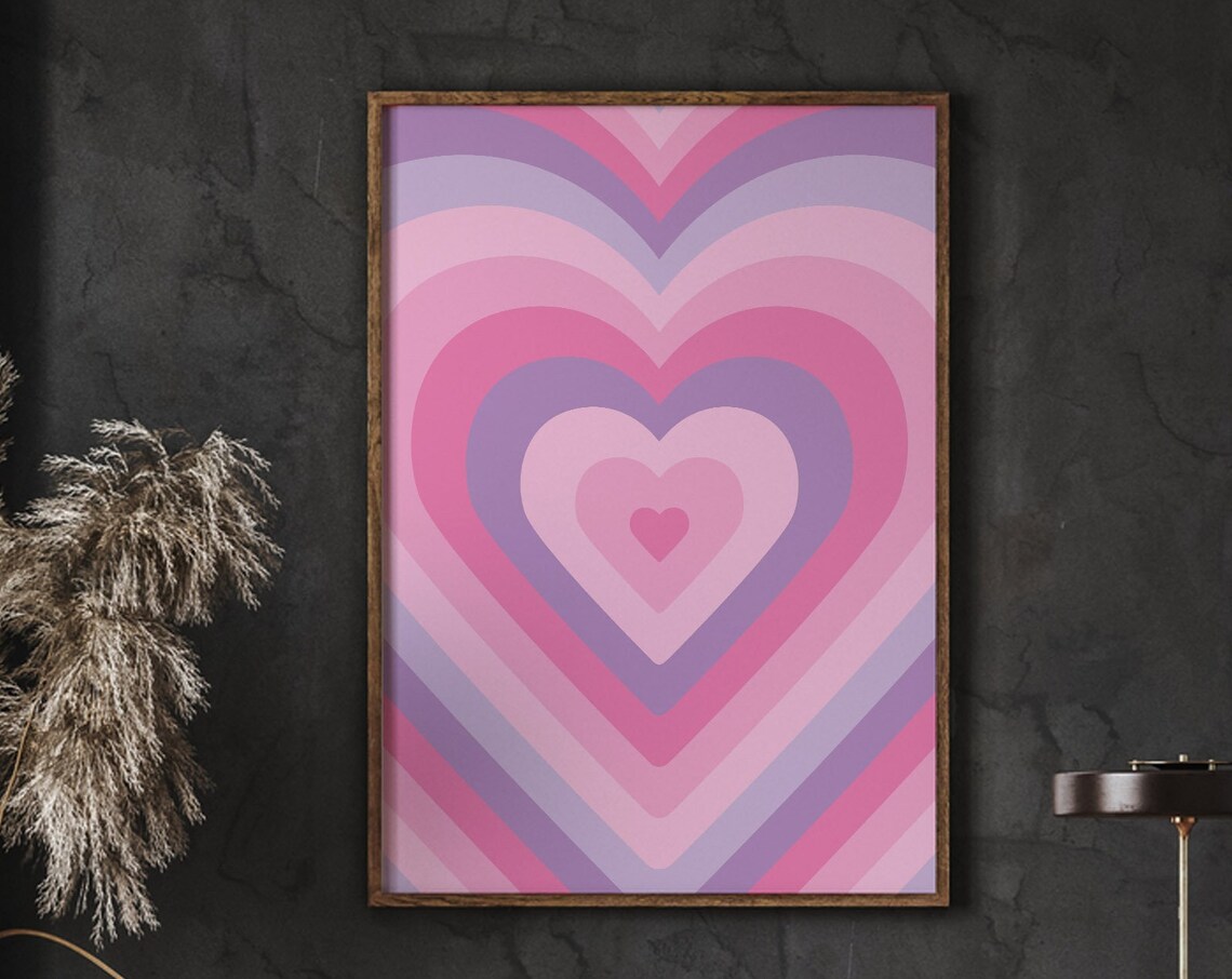 Pink Purple Groovy Heart Poster Concentric Retro Boho Love Wall Decor
