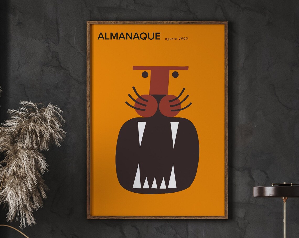 Almanaque Agosto 1960 Abstract Lion Head Retro Graphic Poster