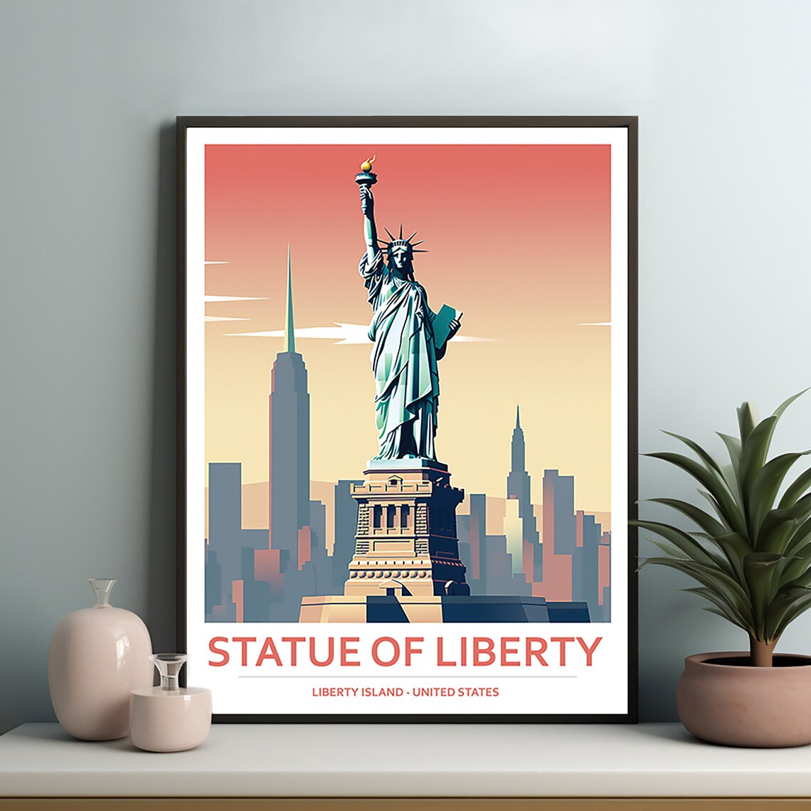 Statue of Liberty Sunset New York City Skyline Travel Poster - Image 2