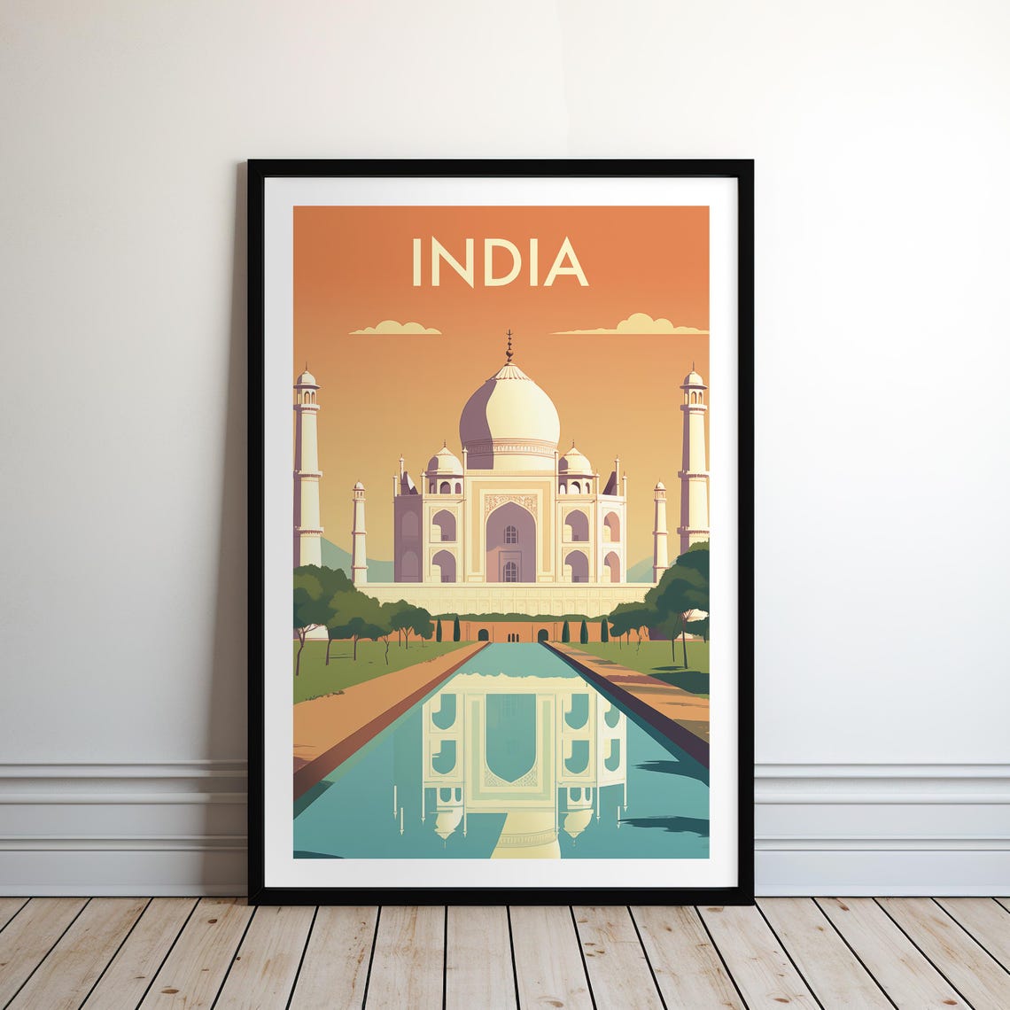 India Taj Mahal Orange Sunset Reflection Retro Travel Poster