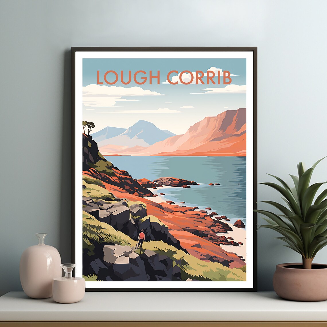 Lough Corrib Ireland Rocky Shore Hiker Mountains Travel Poster - Image 2