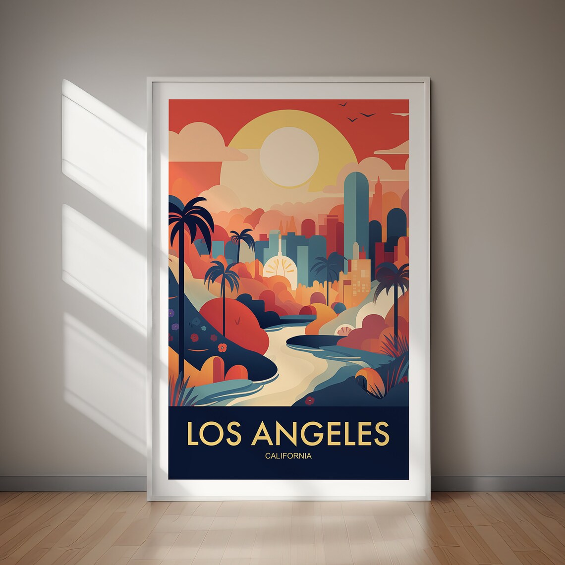 Los Angeles California Sunset Skyline Palm Trees Travel Poster