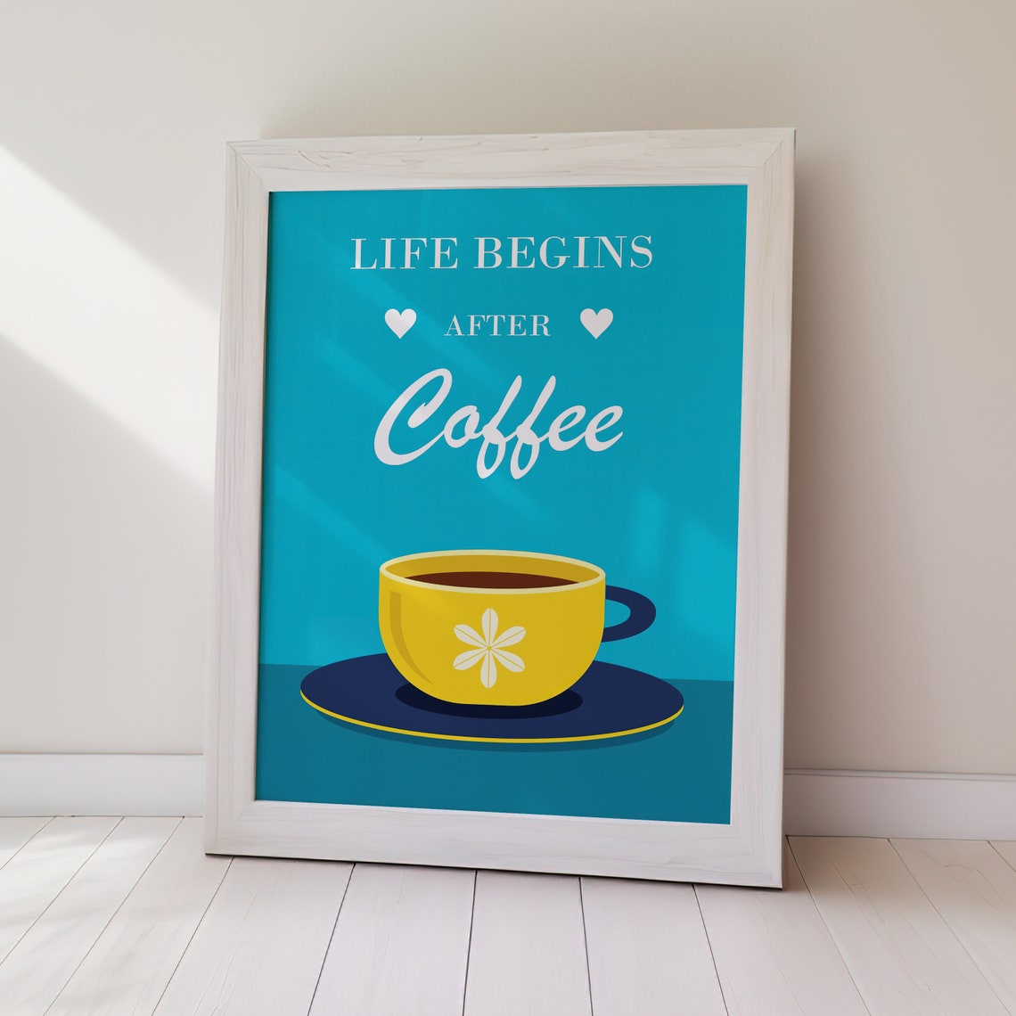 Life Begins After Coffee Turquoise Yellow Cup Kitchen Poster - Image 2