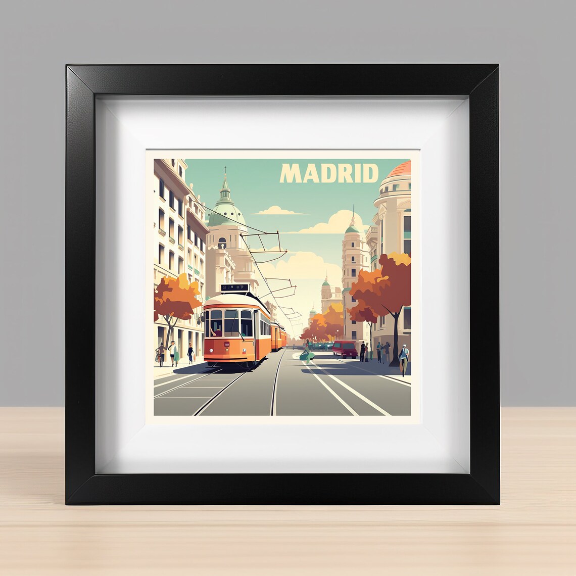 Madrid Vintage Tram Street Scene Travel Poster Autumn City Art - Image 2
