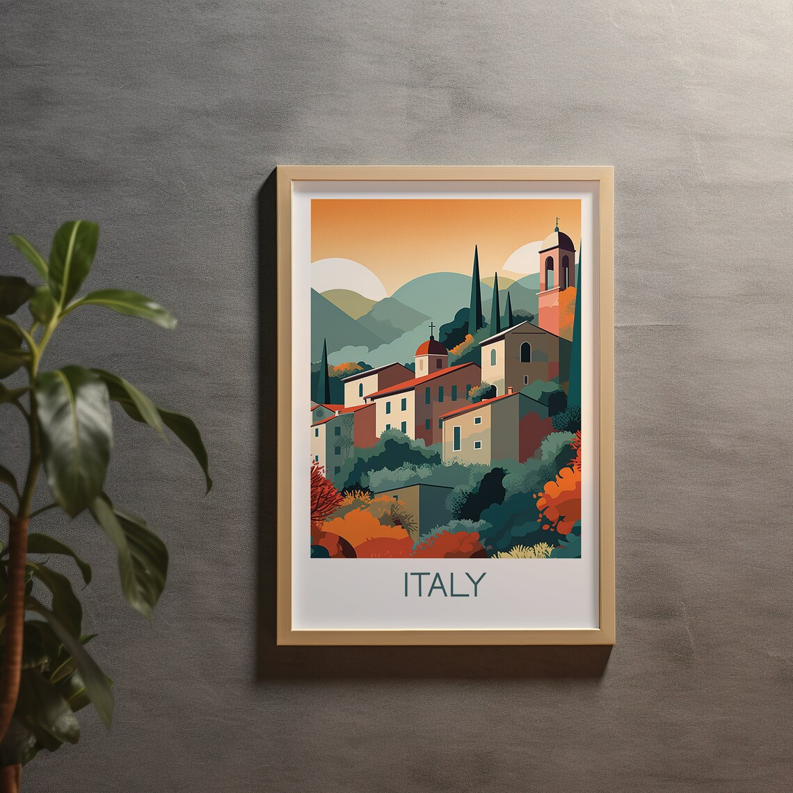Italy Tuscan Hill Village Bell Towers Cypress Sunset Travel Poster