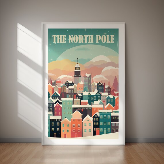 The North Pole Snowy Christmas Village Night Scene Vintage Travel Poster