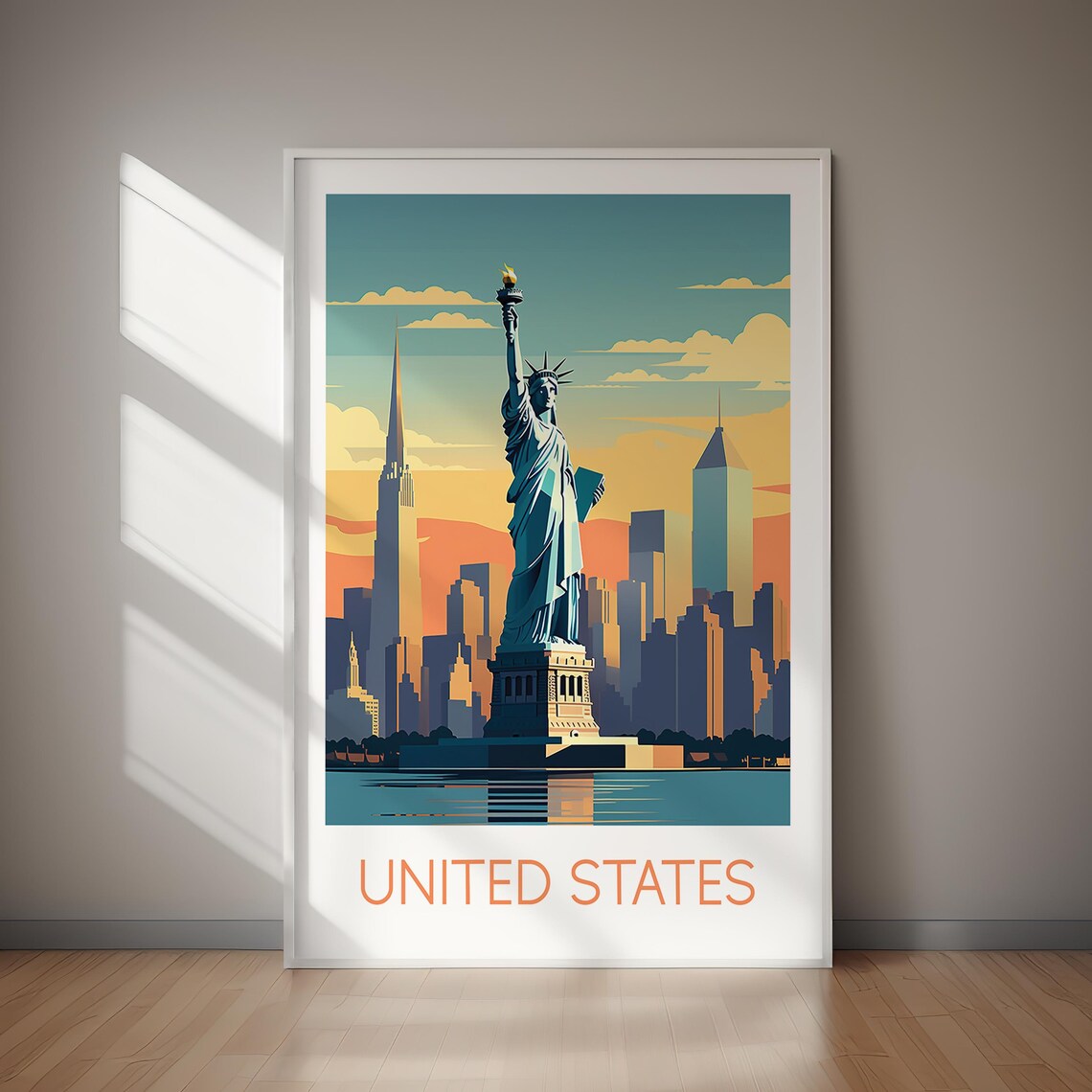 United States Statue of Liberty Sunset Skyline Travel Poster